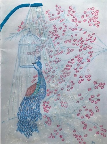 Brenda. Showering plumes wallpaper, coloured pencils.